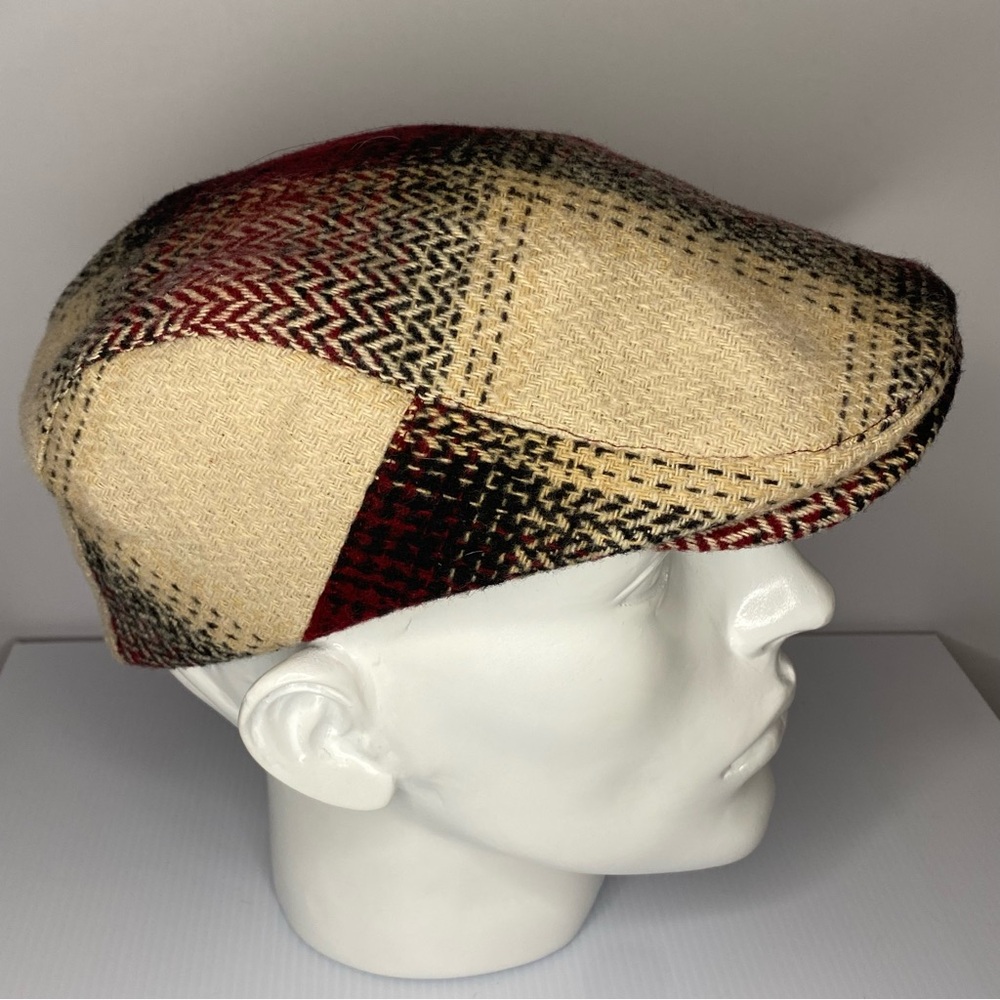 Cream and Burgundy Patchwork Wool Flat Cap